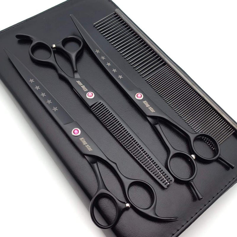 Kingstar 8.0in. Matt Black Professional Pet Grooming Scissors Set,Straight & Thinning & Curved Scissors Set with Comb,Dog Grooming,A559 - Image 1